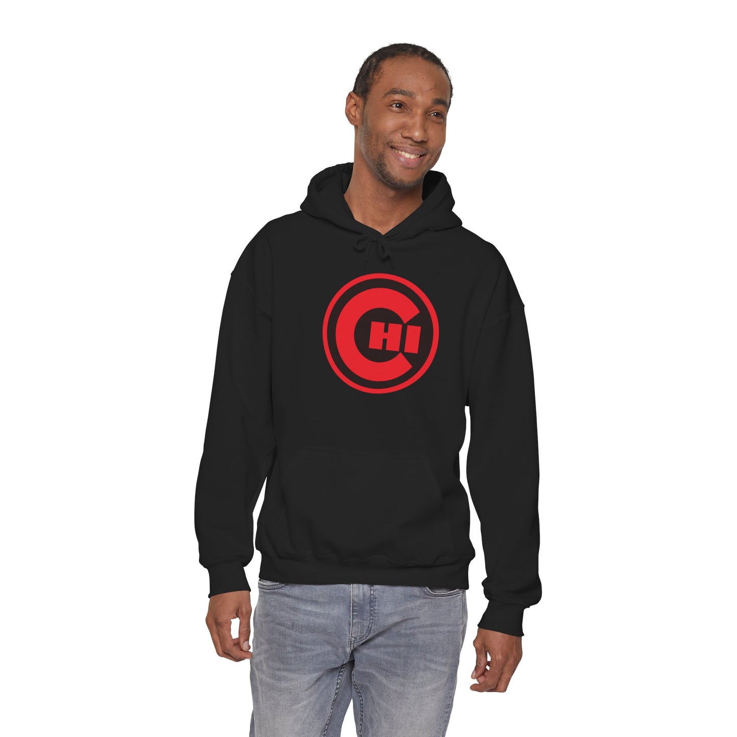 CHI Circle Logo Hoodie – Retro Red Chicago Emblem Sweatshirt